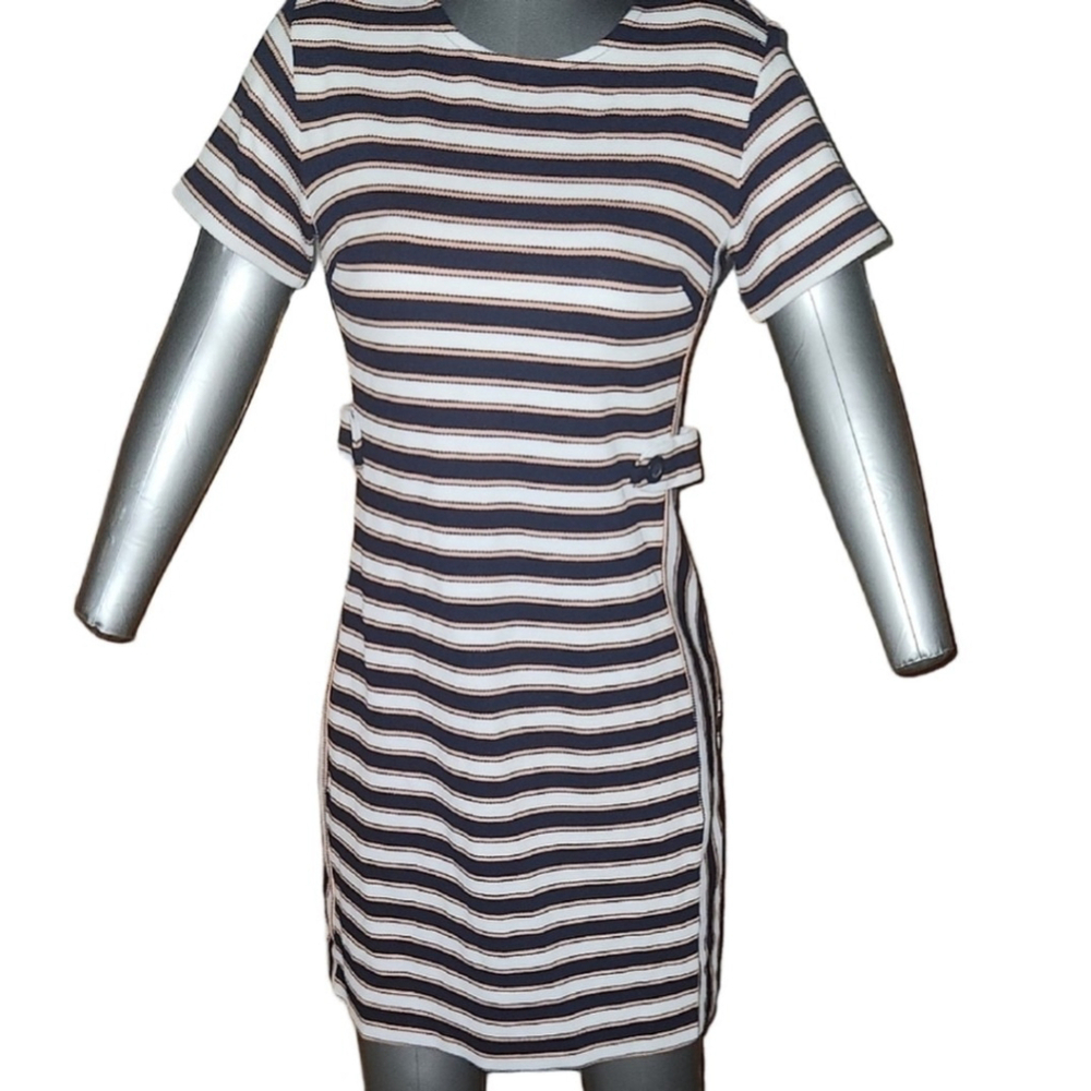 Banana Republic Navy Peach Striped Petite Sheath Dress Short Sleeve Size 2